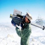A Mujahideen fighter aims an FIM-92 Stinger missile at passing aircraft, Afghanistan, 1988.jpg