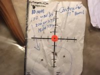 18 inch Contender 10mm barrel 100 yards 200gr xtp target.JPG